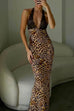 Mixiedress Backless V Neck Lace Splice Printed Maxi Bodycon Dress