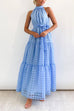 Mixiedress Mockneck Tie Waist Ruffle Tiered Plaid Mesh Maxi Swing Dress