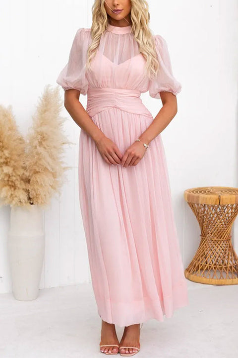 Mockneck Ruched Waist Fairy Pink Mesh Maxi Flowy Dress