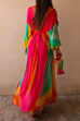 Mixiedress V Neck Balloon Sleeves Rainbow Gradient Maxi Swing Dress