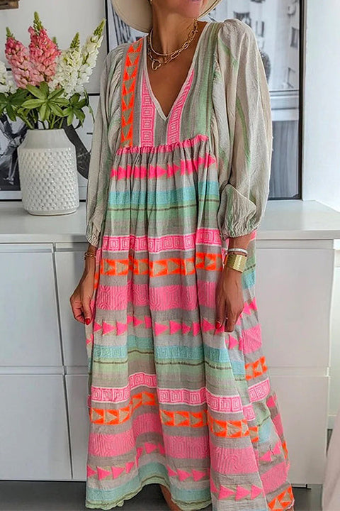 Mixiedress V Neck Puff Sleeve Color Block Printed Swing Dress