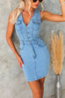 V Neck Sleeveless Button Up Bodycon Denim Mini Dress