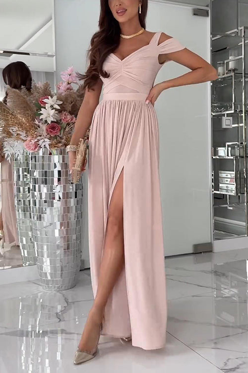 Ruched V Neck Cold Shoulder High Slit Maxi Party Dress