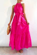 Mixiedress Mockneck Tie Waist Ruffle Tiered Plaid Mesh Maxi Swing Dress