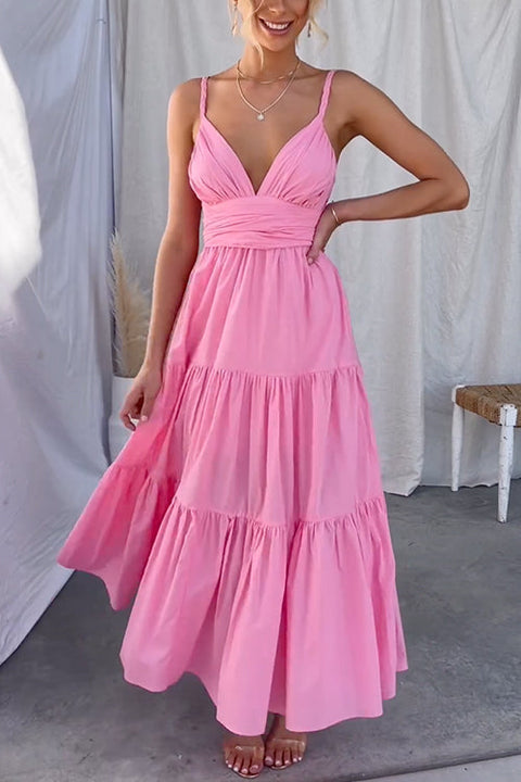 V Neck Tie Back Ruffle Tiered Maxi Cami Dress