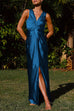 Mixiedress V Neck Twist Front Slit Maxi Satin Dress