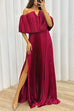 Mixiedress Off Shoulder Waisted High Slit Pleated Maxi Dress