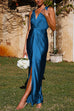 Mixiedress V Neck Twist Front Slit Maxi Satin Dress