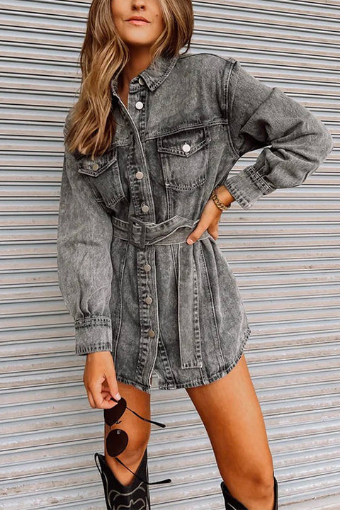 Mixiedress Vintage Long Sleeves Belted Denim Mini Shirt Dress