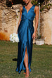 Mixiedress V Neck Twist Front Slit Maxi Satin Dress