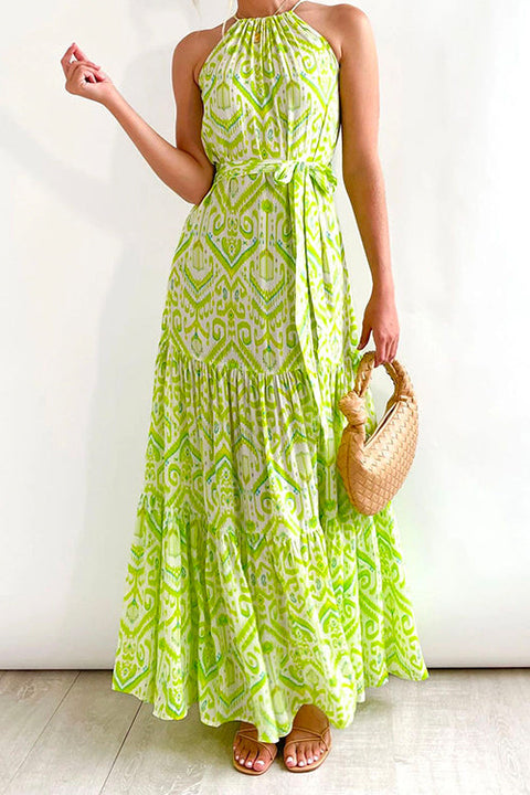 Mixiedress Halter Tie Waist Ruffle Tiered Maxi Printed Holiday Dress