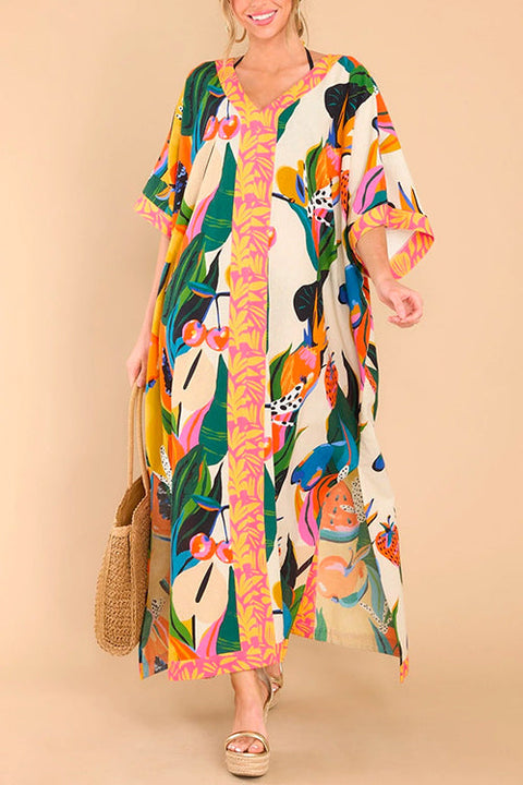 Mixiedress Kimono Sleeves Side Split Tropic Print Maxi Caftan Dress