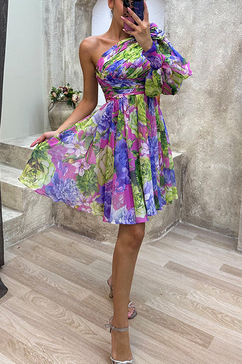 Mixiedress Ruched One Shoulder Waisted Floral Print Flowy Dress