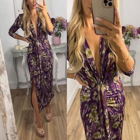 Deep V Neck Ruched Slit Midi Printed Dress