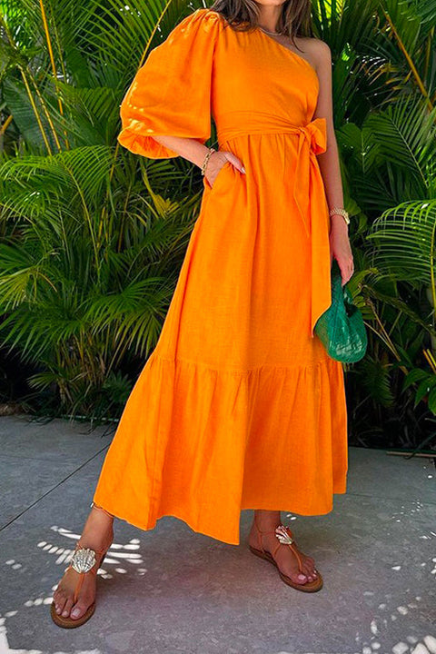 Mixiedress One Shoulder Puff Sleeve Knot Waist Maxi Holiday Dress