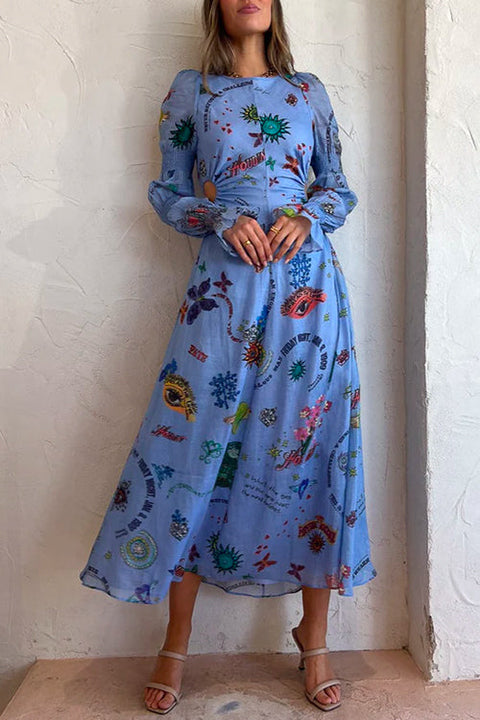 Mixiedress Balloon Long Sleeves Cut Out Graffiti Printed Flowy Midi Dress