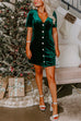 Button Up V Neck Short Sleeves Velvet Mini Dress