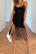 Mixiedress V Neck Slit Tassel Sequin Bodycon Cami Dress