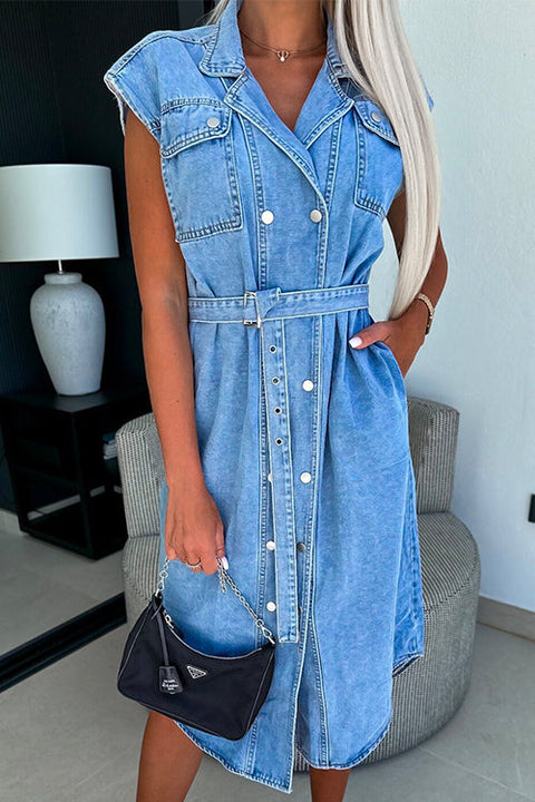 Mixiedress Lapel Double Breasted Curve Hem Denim Midi Dress with Belt