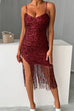 Mixiedress V Neck Slit Tassel Sequin Bodycon Cami Dress