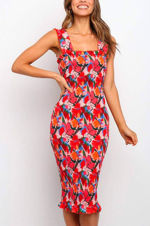 Mixiedress Square Collar Floral Smocked Midi Bodycon Dress