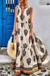 Mixiedress Tassle Deep V Neck Sleeveless Printed Maxi Swing Holiday Dress