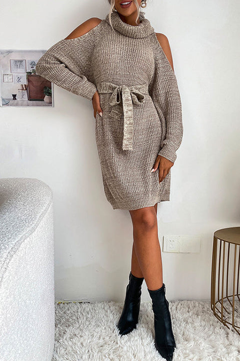 Mixiedress Turtleneck Cold Shoulder Belted Sweater Dress