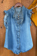 Mixiedress V Neck Ruffle Trim Sleeveless Denim Top