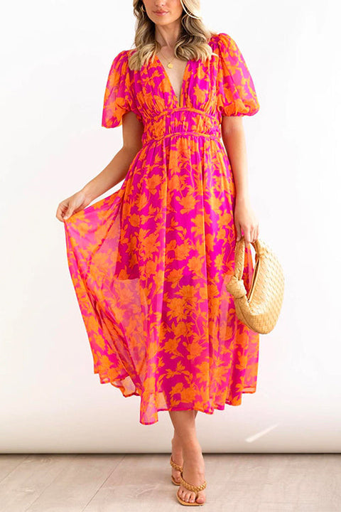 Mixiedress V Neck Puff Sleeves High Waist Printed Flowy Dress