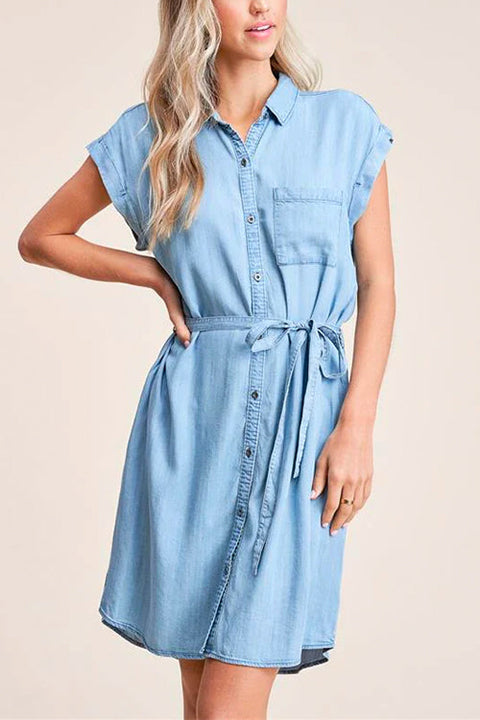 Mixiedress Short Sleeves Tie Waist Button Down Denim Shirt Dress