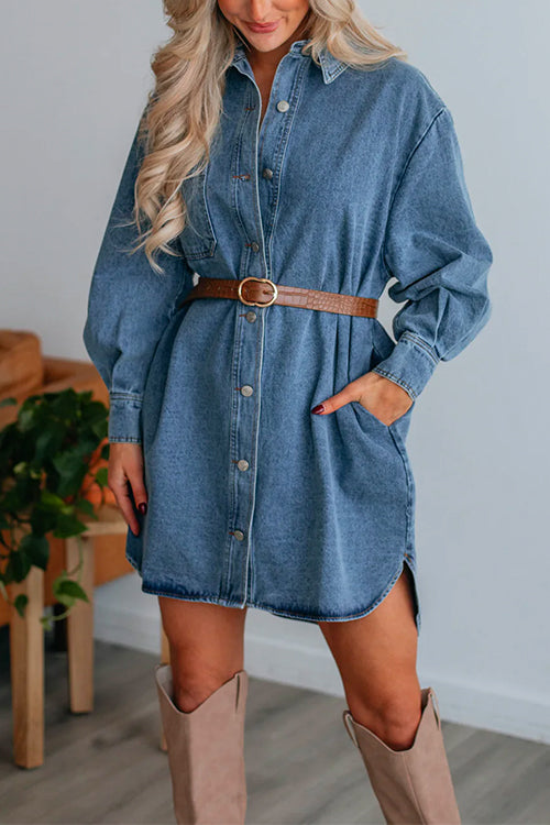 Mixiedress Curve Hem Button Down Denim Shirt Dress