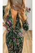 Deep V Neck Ruched Slit Midi Printed Dress