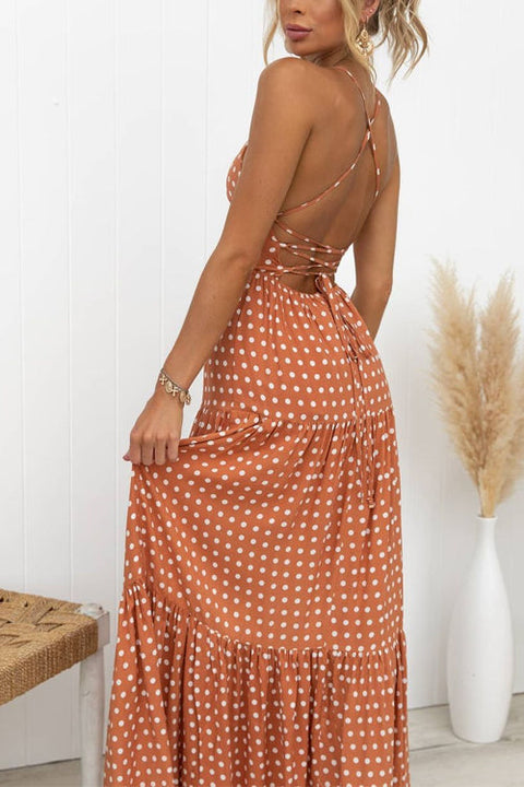 Open Back Lace-up Polka Dot Tiered Maxi Dress