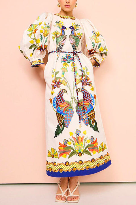 Mixiedress 3/4 Puff Sleeves Back Slit Birdie Printed Maxi Dress