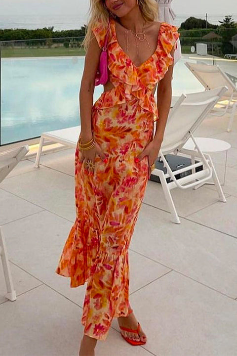 Mixiedress V Neck Cut Out Tie Back Printed Ruffle Maxi Dress