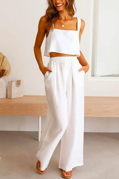 Mixiedress Square Collar Cami Crop Top Wide Leg Pants Cotton Linen Set