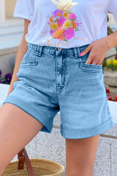 Mixiedress Rolled Hem Straight Leg Distressed Denim Shorts