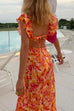 Mixiedress V Neck Cut Out Tie Back Printed Ruffle Maxi Dress