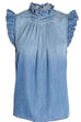 Mixiedress Mockneck Flutter Sleeves Ruched Denim Top