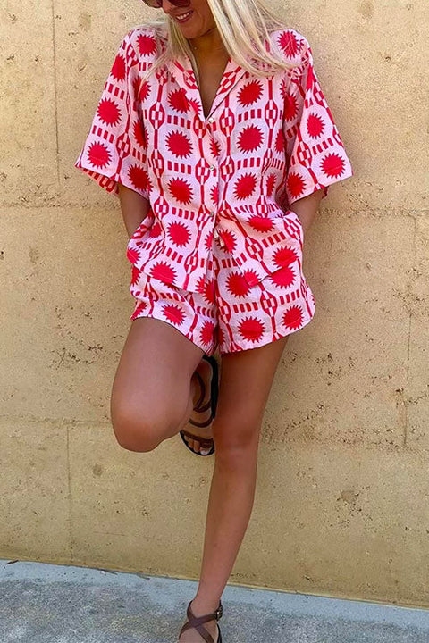 Mixiedress Short Sleeves Button Up Shirt Drawstring Waist Shorts Tropic Printed Set