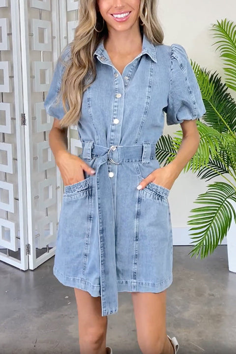 Mixiedress Lantern Sleeves Belted A-line Denim Shirt Dress