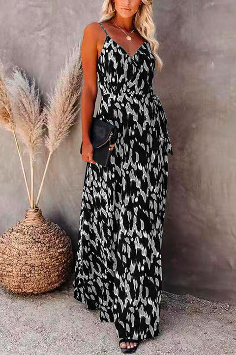 Mixiedress Wrap V Neck Tie Waist Printed Flowy Maxi Cami Dress