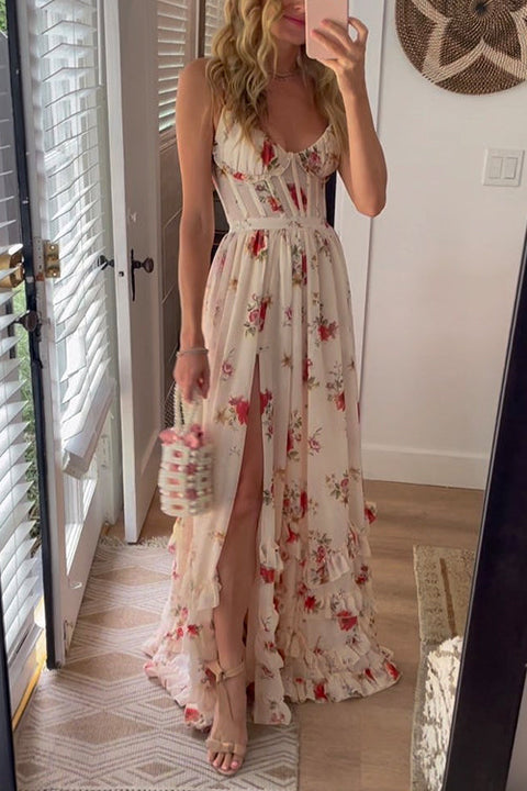 Mixiedress Spaghetti Strap Ruffle Layered Slit Dainty Floral Maxi Dress