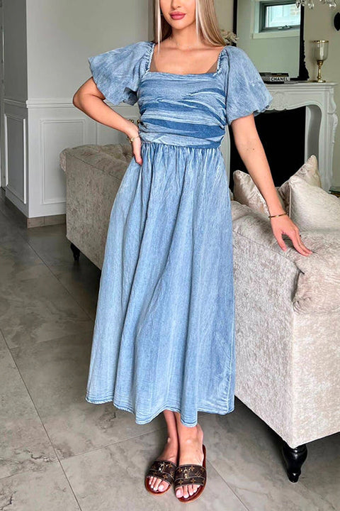 Mixiedress Puff Sleeves Smocked Empire Waist Denim Swing Dress