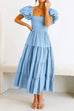 Mixiedress Square Collar Puff Sleeve Smocked Ruffle Tiered Dress