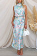 Mixiedress Irregular Tie Neck Waisted Floral Printed Maxi Satin Dress