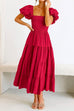 Mixiedress Square Collar Puff Sleeve Smocked Ruffle Tiered Dress