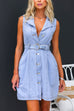 Lapel Sleeveless Button Up Belted Denim Dress