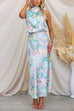 Mixiedress Irregular Tie Neck Waisted Floral Printed Maxi Satin Dress