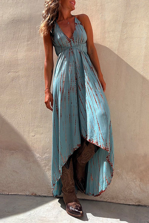 Mixiedress V Neck High Low Hem Tie Dye Maxi Cami Dress